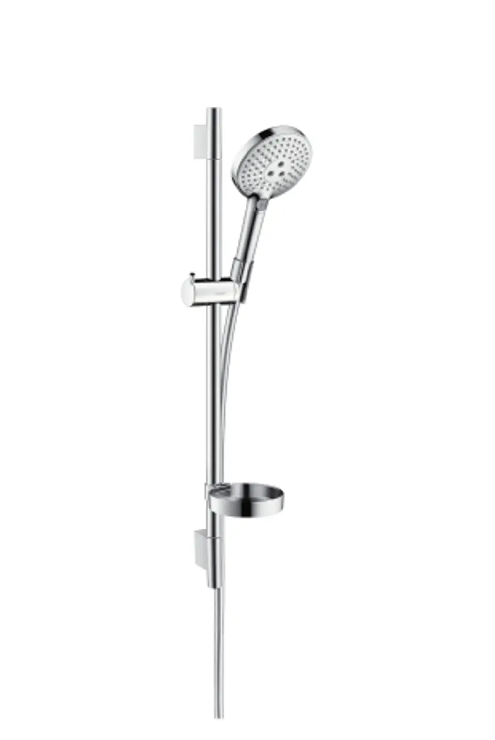 Hansgrohe Brauseset mit verstellbarer Dusche, Wandhalterung und Seifenschale in Chrom auf einer senkrechten Brausestange.